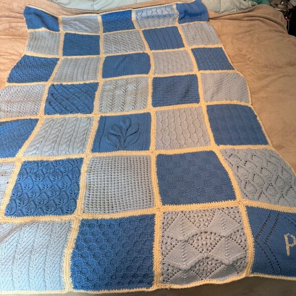 Hand Crochet Blanket sample pattern squares shades of Blue and cream 48”x67” thr - Picture 1 of 7